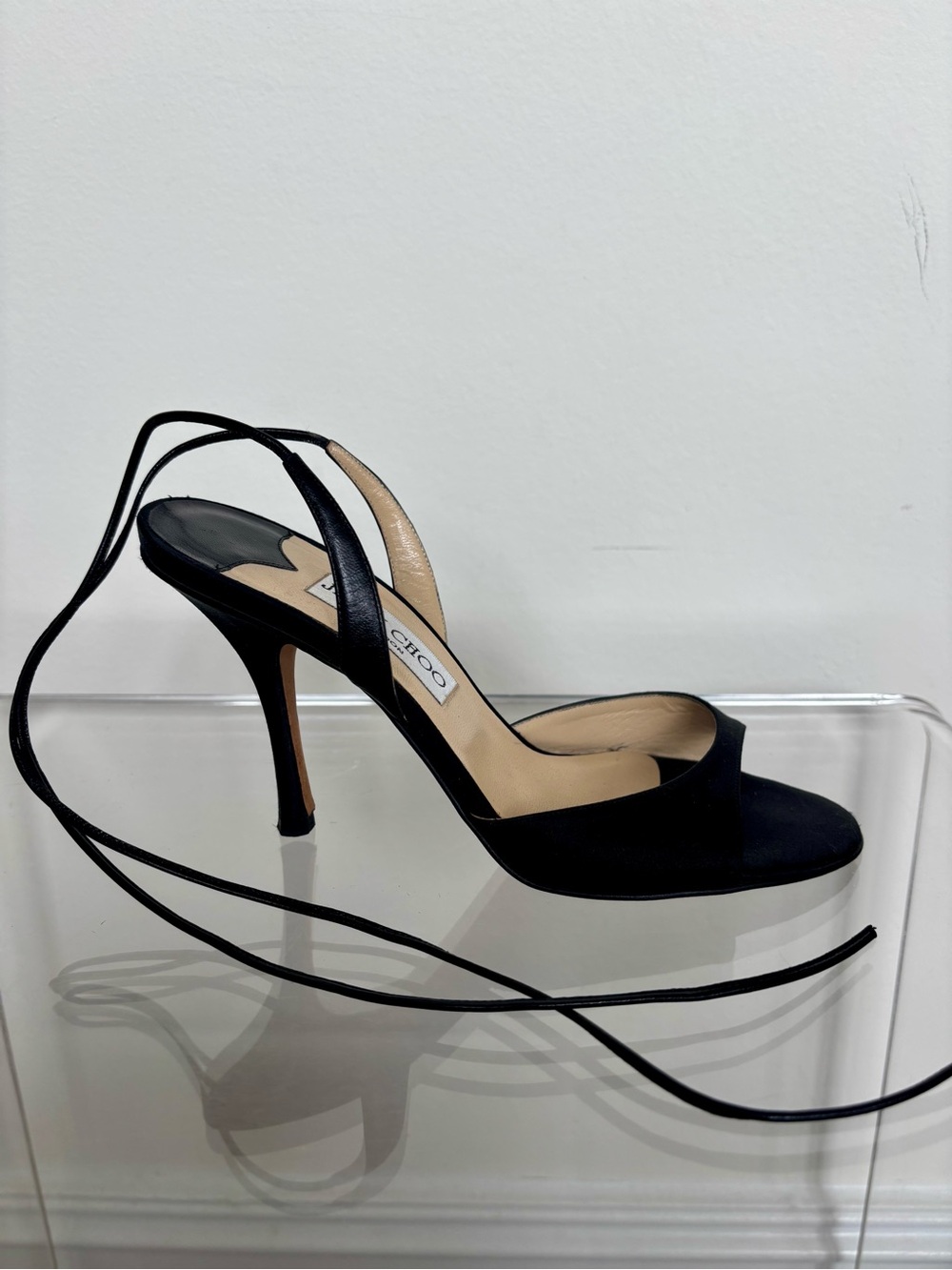 Jimmy Choo Black Satin and leather Lace-Up Slingback High Heel
